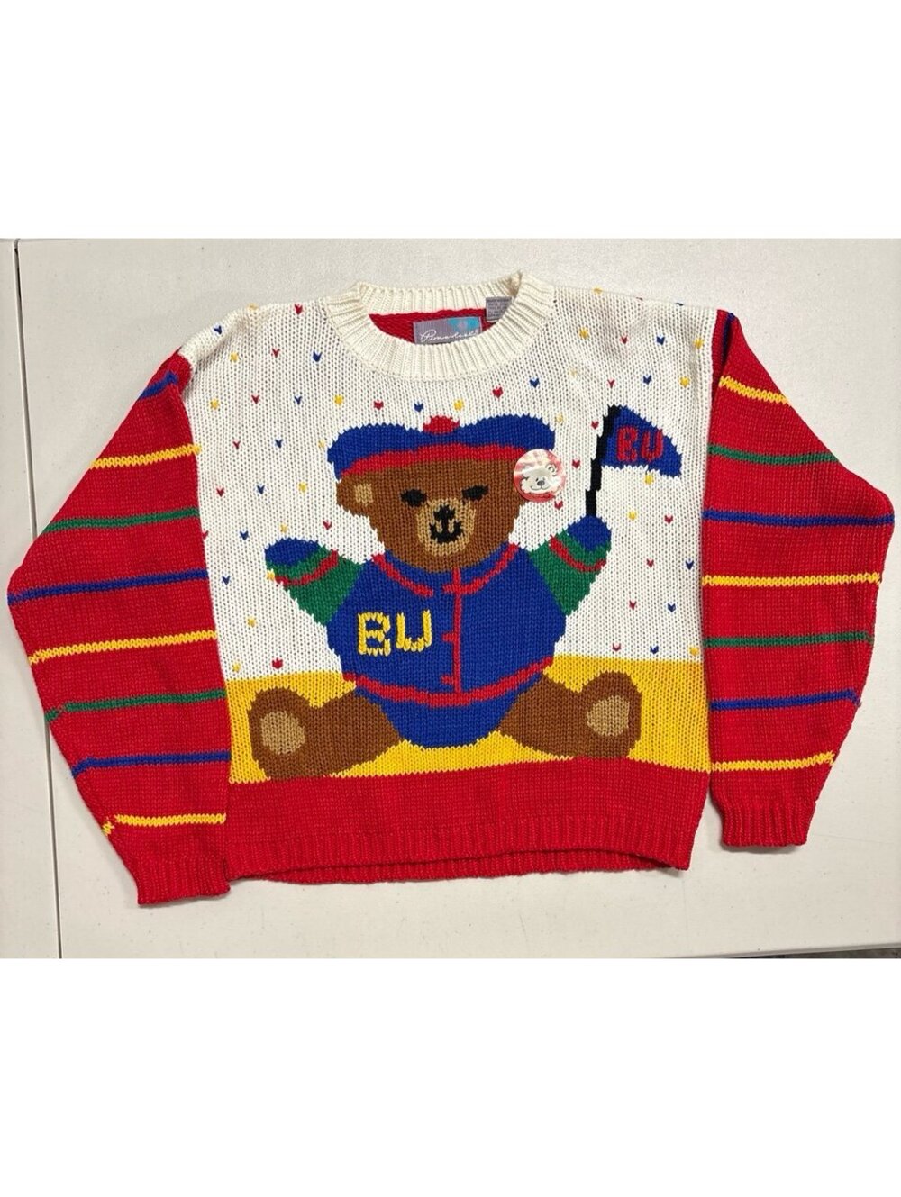Vintage 80s Teddy Bear Colorblock Sweater Size L Red White Blue Yellow Preppy